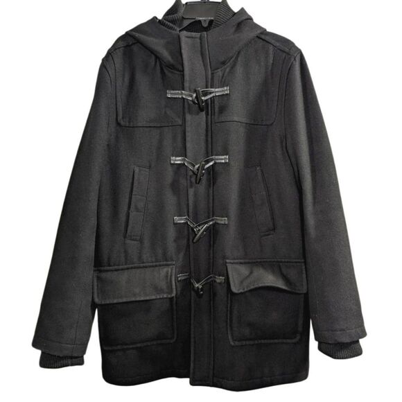 Tommy Hilfiger black wool blend toggle hooded winter jacket dress coat men's L